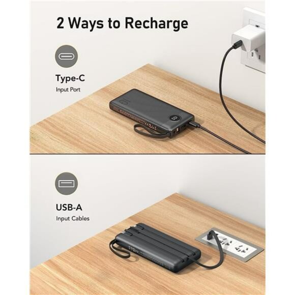 Portable Charger 10000mAh Power Bank with Built in Cables Fast Charge USB C - Picture 6 of 7